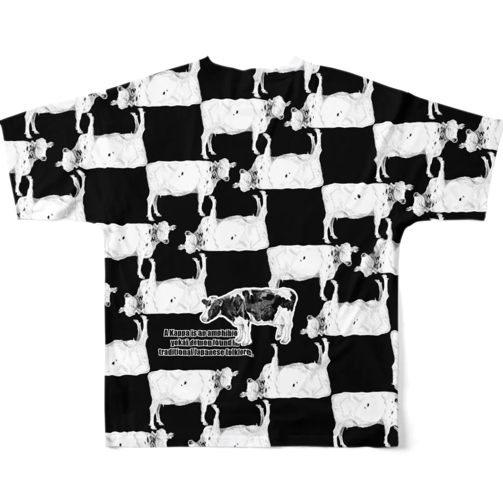 のりこ茶番ショップの市松牛柄 All-Over Print T-Shirt :back