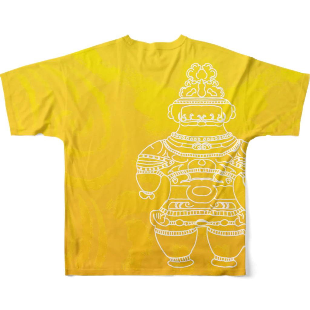 神話の旅人の遮光器土偶　黄と縄文黄色背景 （前姿と後姿）  All-Over Print T-Shirt :back