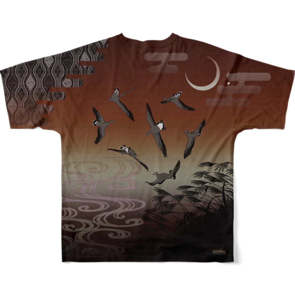 雁花工房（寄付アイテム販売中です）の雁八種と落雁シャツ（夕焼け色地味版）Lサイズ専用 フルグラフィックTシャツの背面