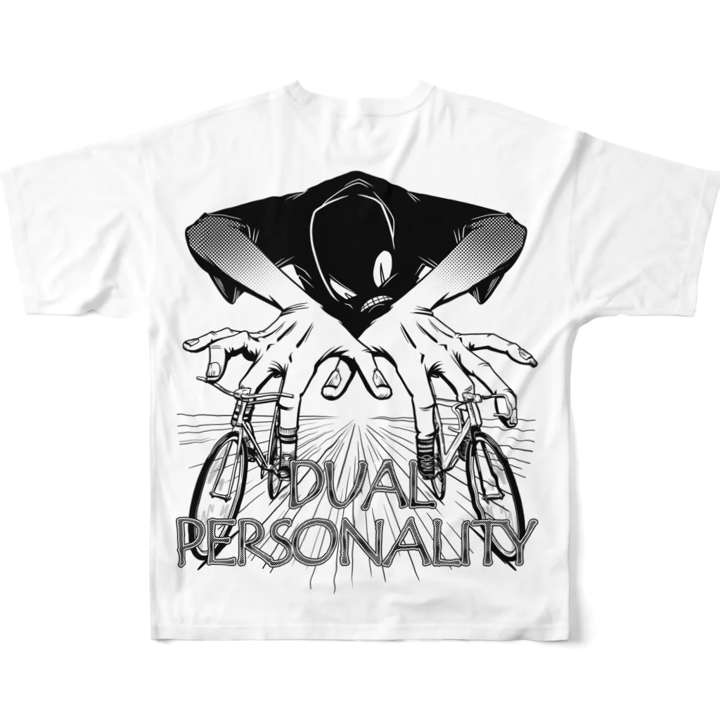 nidan-illustrationの"DUAL PERSONALITY"(B&W) #2 フルグラフィックTシャツの背面