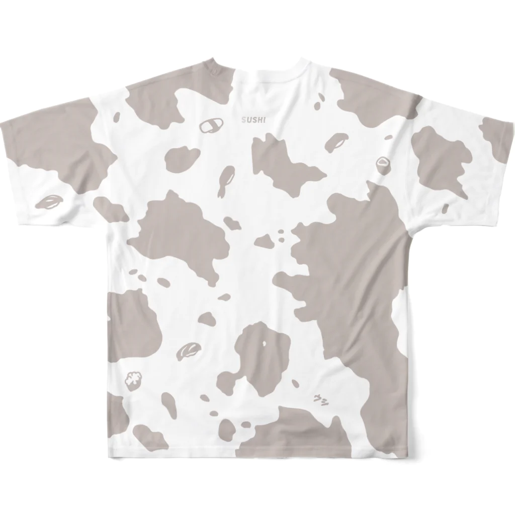 9bdesignのS-USHI ウスシ 鮨の牛柄｜グレイベージュ｜フルグラフィックT All-Over Print T-Shirt :back
