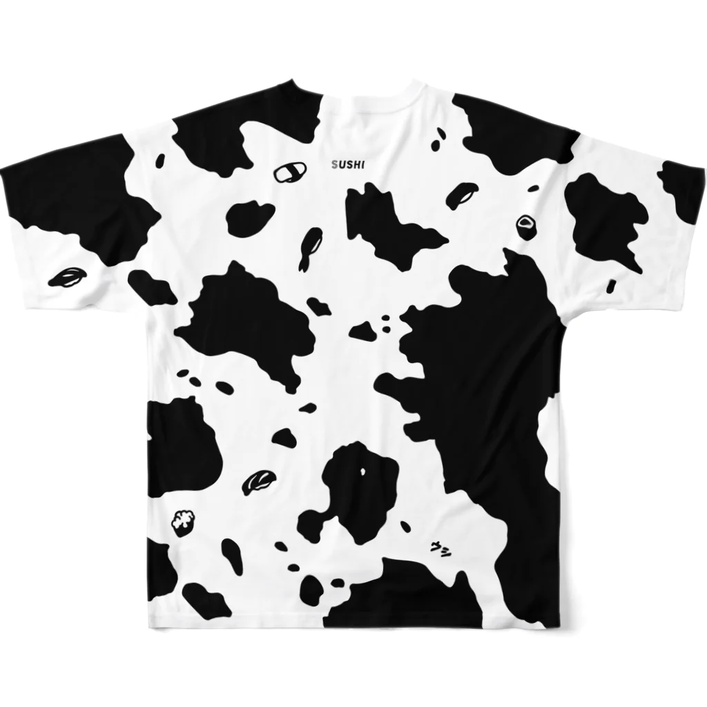 9bdesignのS-USHI ウスシ 鮨の牛柄｜黒｜フルグラフィックT All-Over Print T-Shirt :back