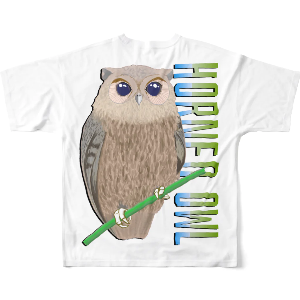 LalaHangeulのHORNED OWL (ミミズク)　バックプリント フルグラフィックTシャツの背面