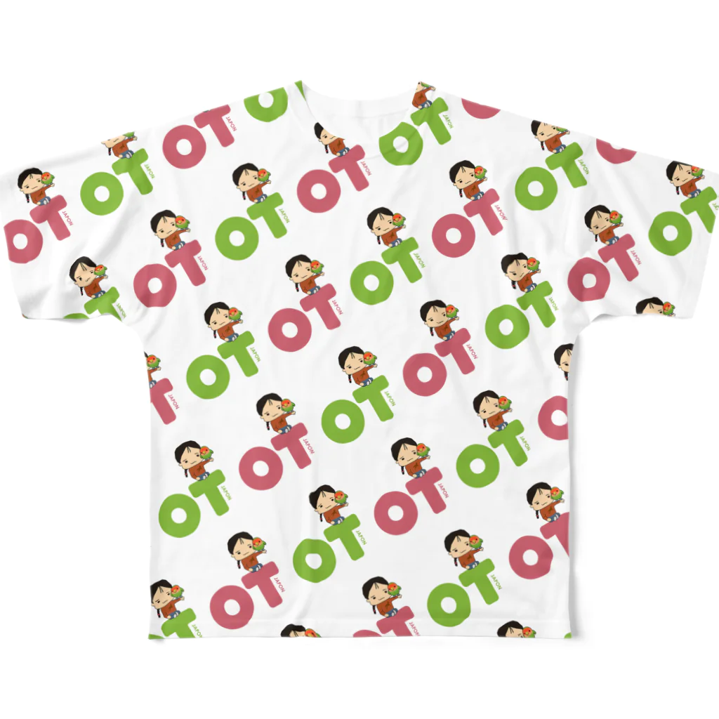 OTJAPONのOTJAPONのシュプとヲタッチとピンク＆グリーンロゴ フルグラフィックTシャツ
