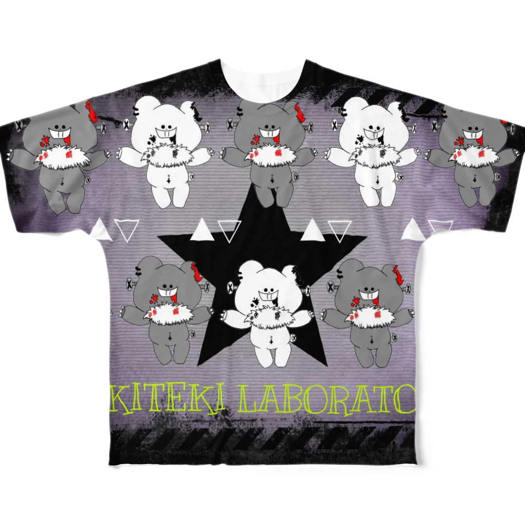 KIKITEKI_LABORATORYのNEZIKUMA 黒 × 白 All-Over Print T-Shirt