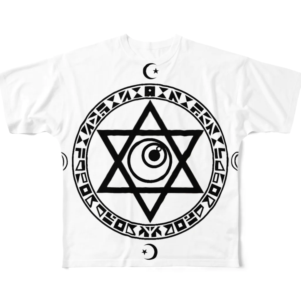 KIKITEKI_LABORATORYの魔法陣×六芒星×目玉 BLACK All-Over Print T-Shirt