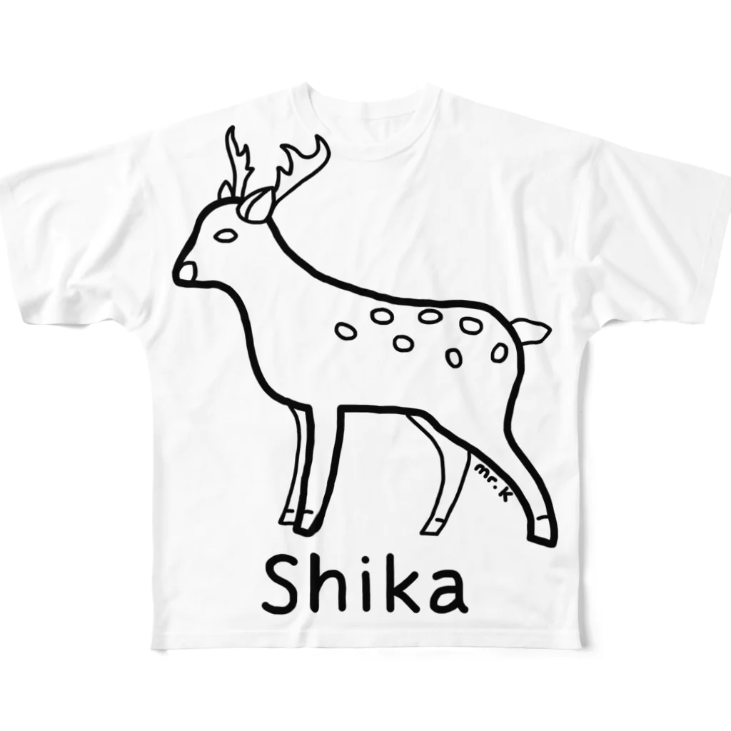 MrKShirtsのShika (シカ) 黒デザイン フルグラフィックTシャツ