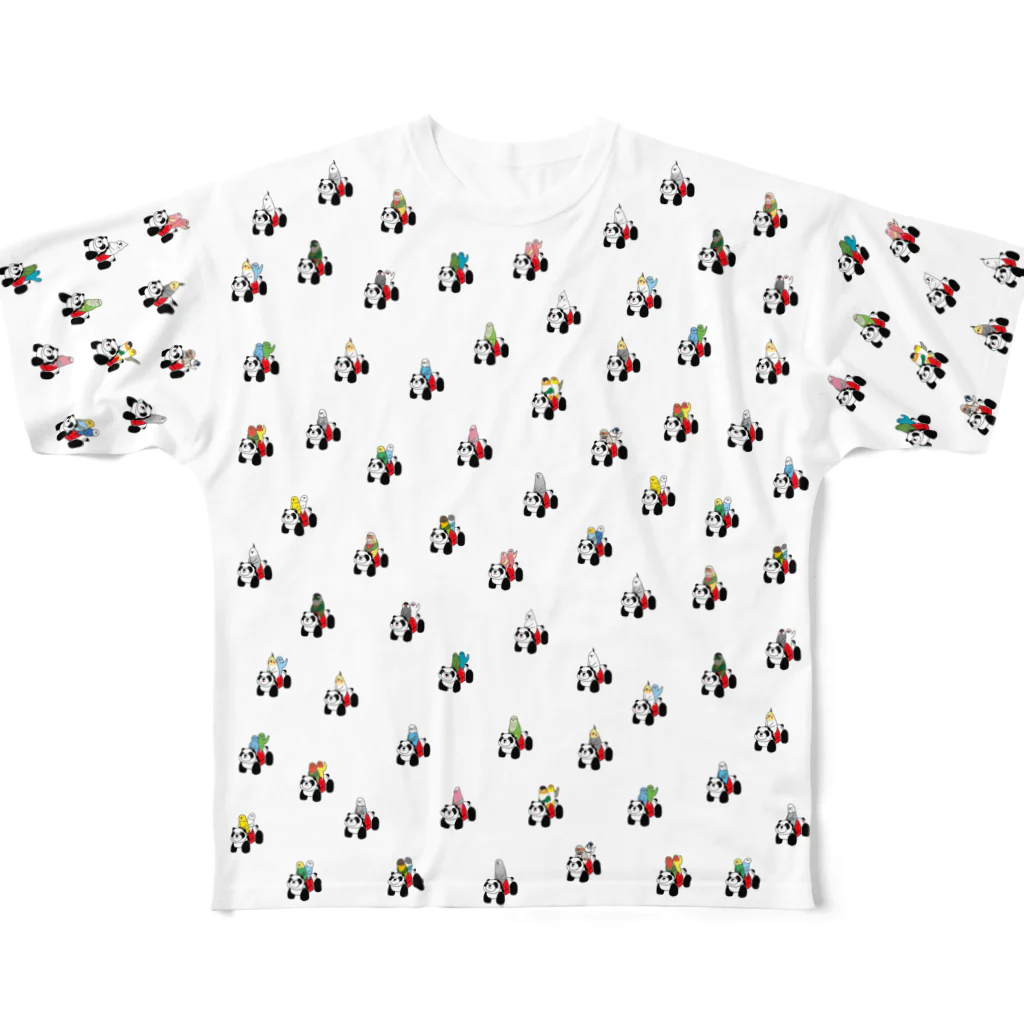 オグチヨーコのパンダカーと鳥さん（大集合） フルグラフィックTシャツ