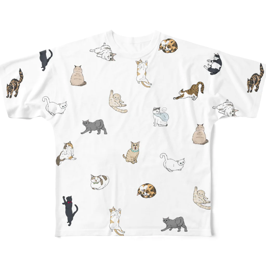 kaoru@nekomangakakuyoのネコちゃんまみれ総柄スモール フルグラフィックTシャツ