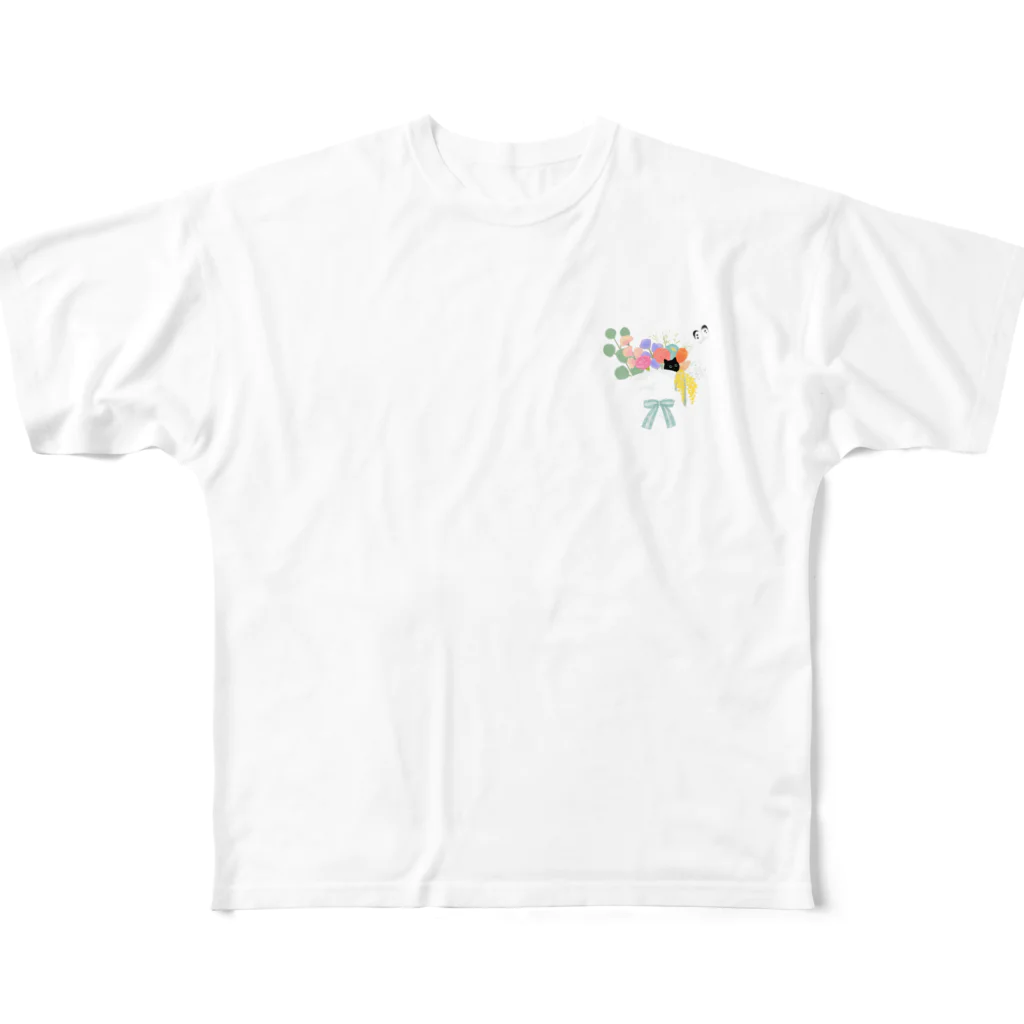 shimaneko_2の黒猫と花束 フルグラフィックTシャツ