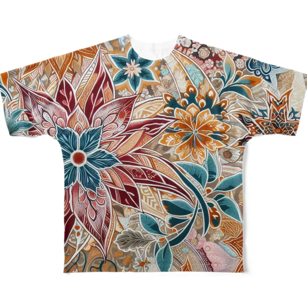 使いやすいデザインがいいね！のお花のバティック柄 鮮やか All-Over Print T-Shirt