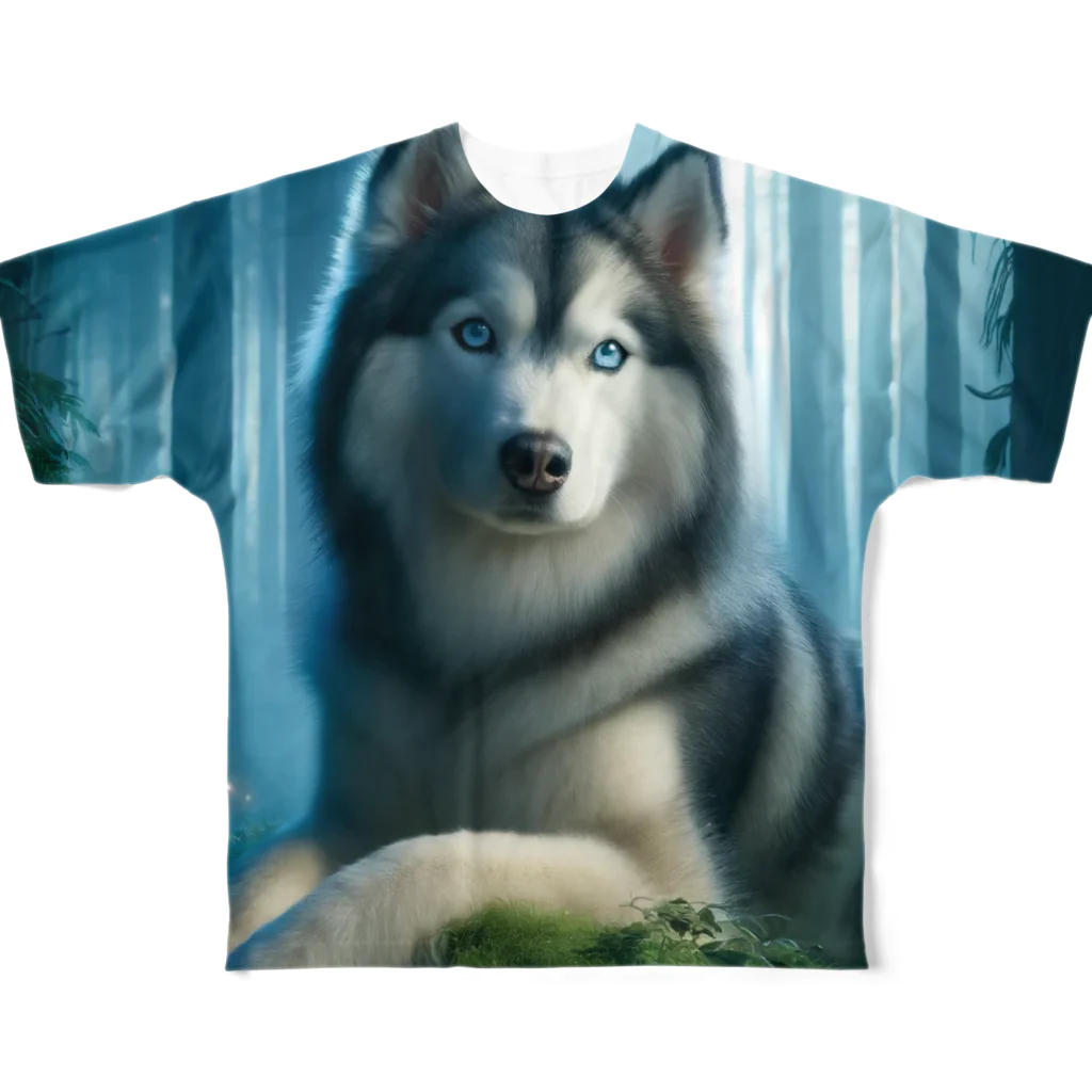 miuhaduの神秘的な森の中に佇む美しいシベリアン ハスキー All-Over Print T-Shirt