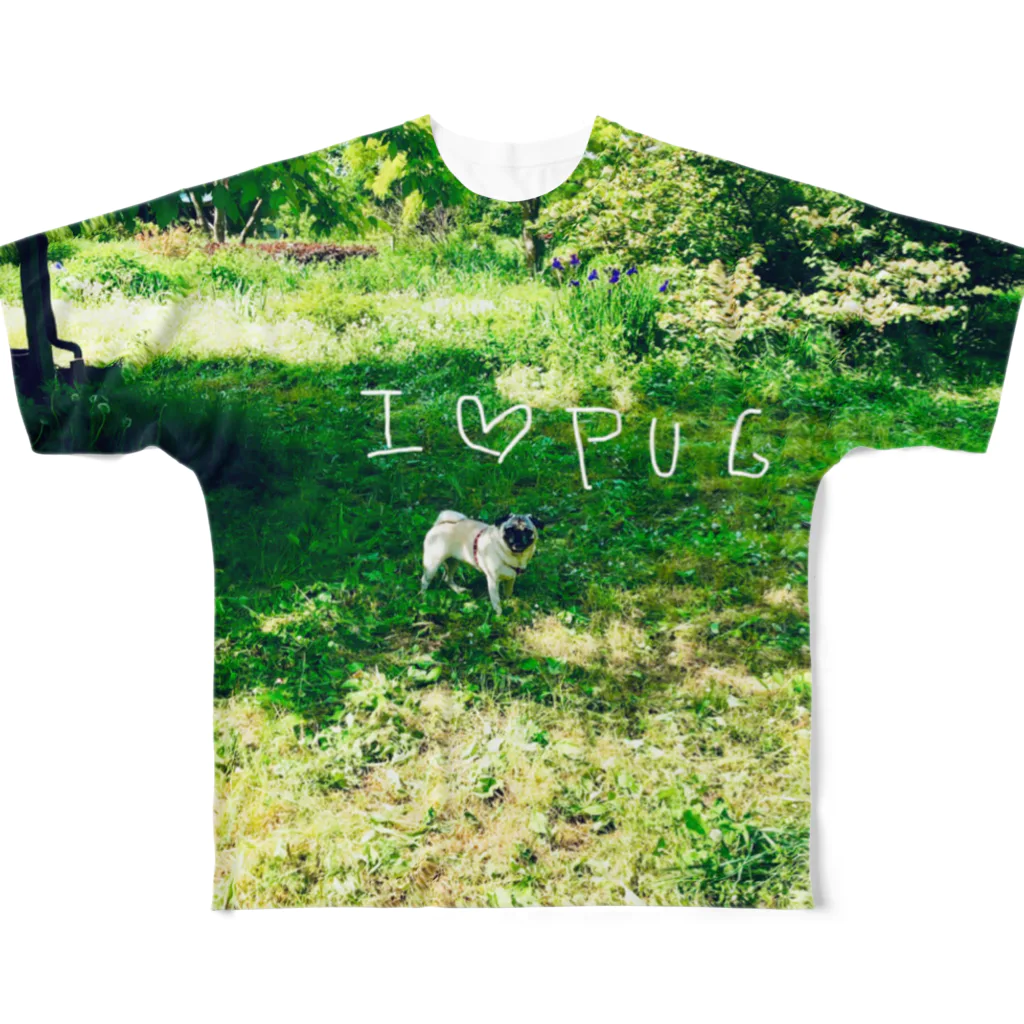 裏ひぐちのI❤︎PUG フルグラフィックTシャツ