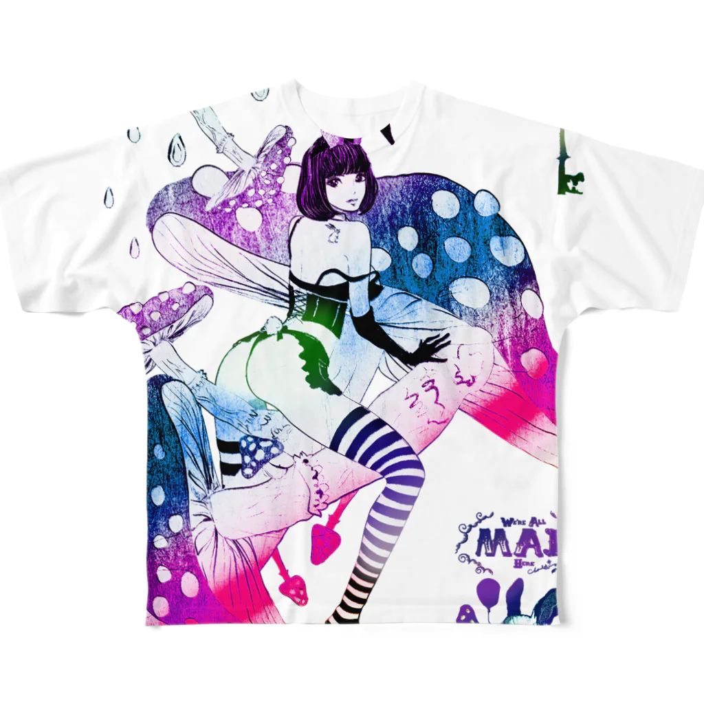 loveclonesのMAD ALICE 電池式キノコの国のアリス バニー型 フルグラフィックTシャツ