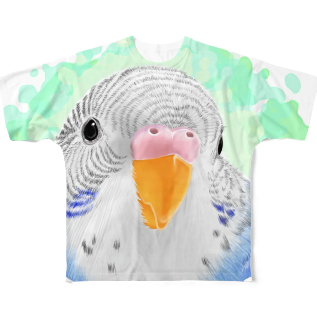 まめるりはことりのセキセイインコ　オパーリン【まめるりはことり】 フルグラフィックTシャツ