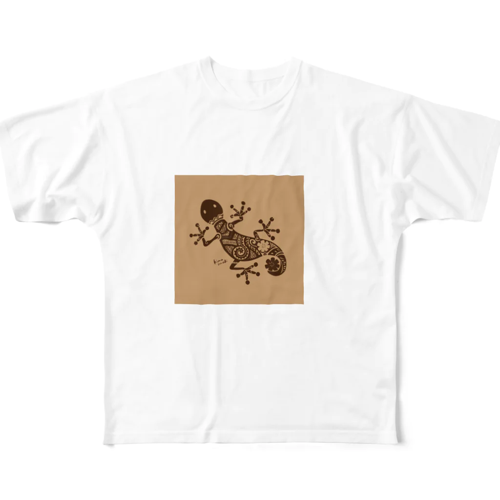 kiwaiwakiのヤモリ(暗茶) フルグラフィックTシャツ