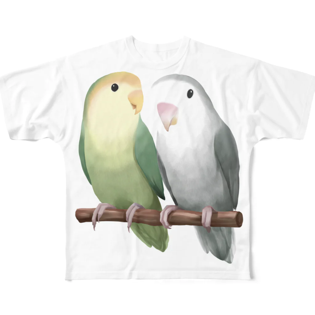 まめるりはことりのコザクラインコ　モーブとオリーブ【まめるりはことり】 フルグラフィックTシャツ