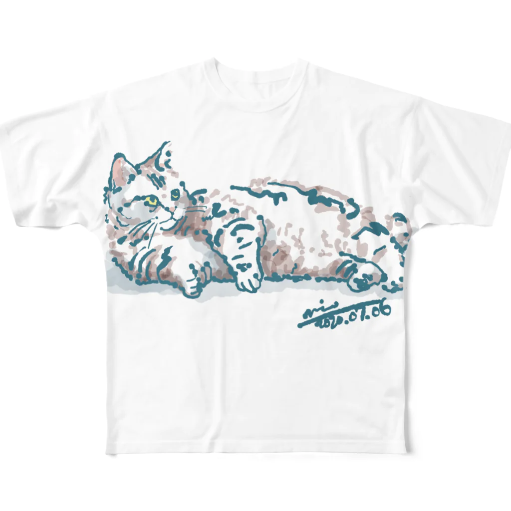 Atelir SOLEILのちょっと太めのだらりん猫さん フルグラフィックTシャツ