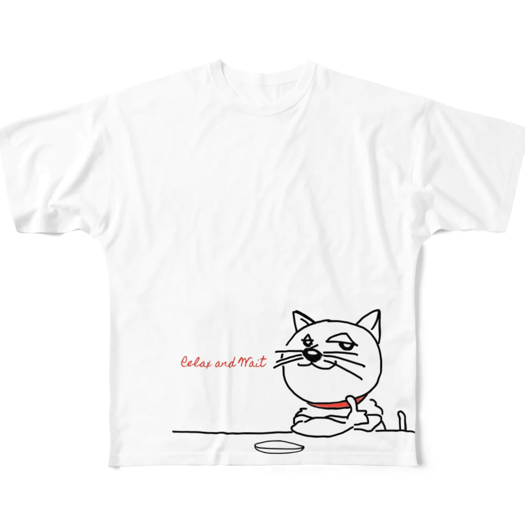 PaP➡︎Poco.a.PocoのRelax and wait 餌を待つ猫 All-Over Print T-Shirt