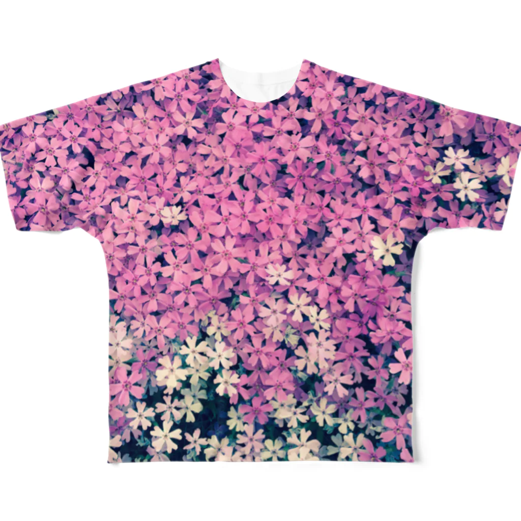 xxzzyのピンクとホワイト フルグラフィックTシャツ