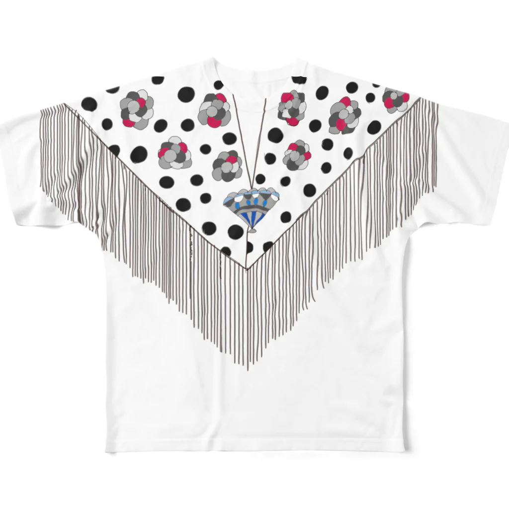 Flamenco Verano Tiendaのフラメンコ　ベラーノ　黒水玉シージョ フルグラフィックTシャツ