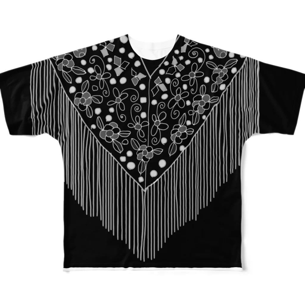 Flamenco Verano Tiendaのフラメンコ　ベラーノ　黒背中カスタネット All-Over Print T-Shirt