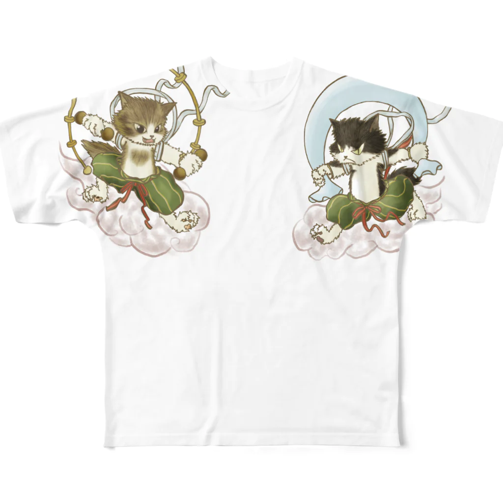 ねこや久鶻堂の風猫雷猫図屏風 All-Over Print T-Shirt