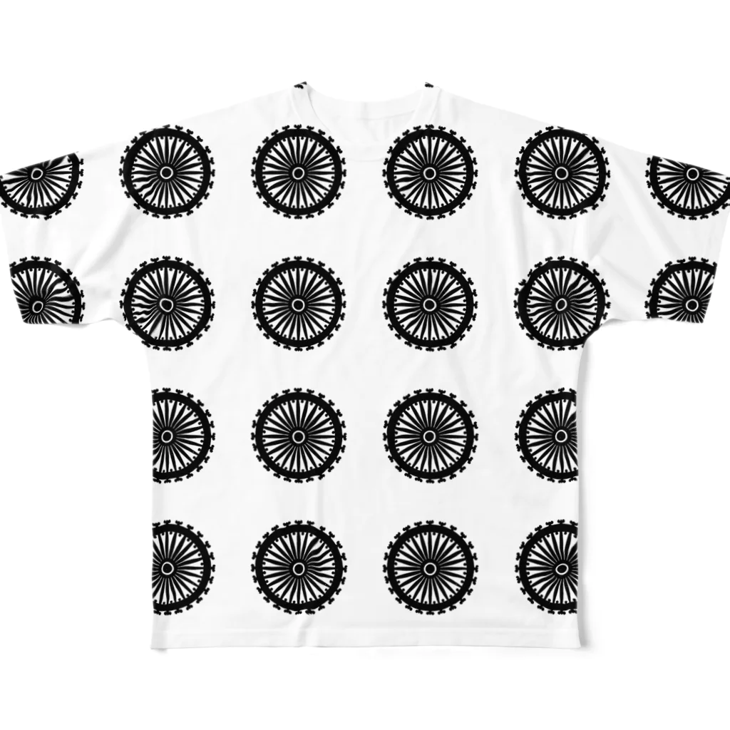 metao dzn【メタヲデザイン】の法輪36　クロ フルグラフィックTシャツ