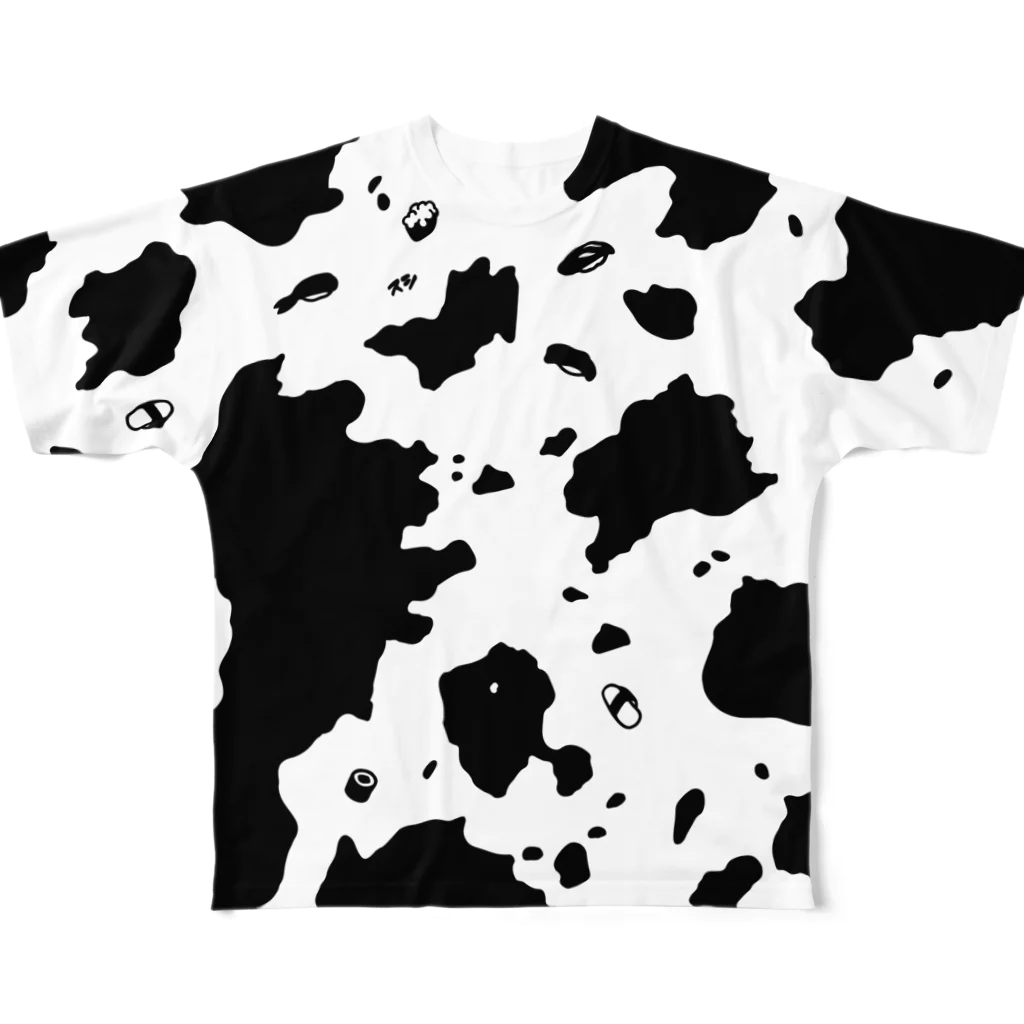 9bdesignのS-USHI ウスシ 鮨の牛柄｜黒｜フルグラフィックT All-Over Print T-Shirt