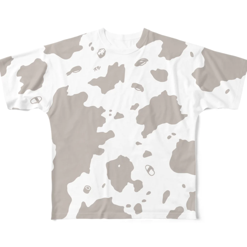 9bdesignのS-USHI ウスシ 鮨の牛柄｜グレイベージュ｜フルグラフィックT All-Over Print T-Shirt