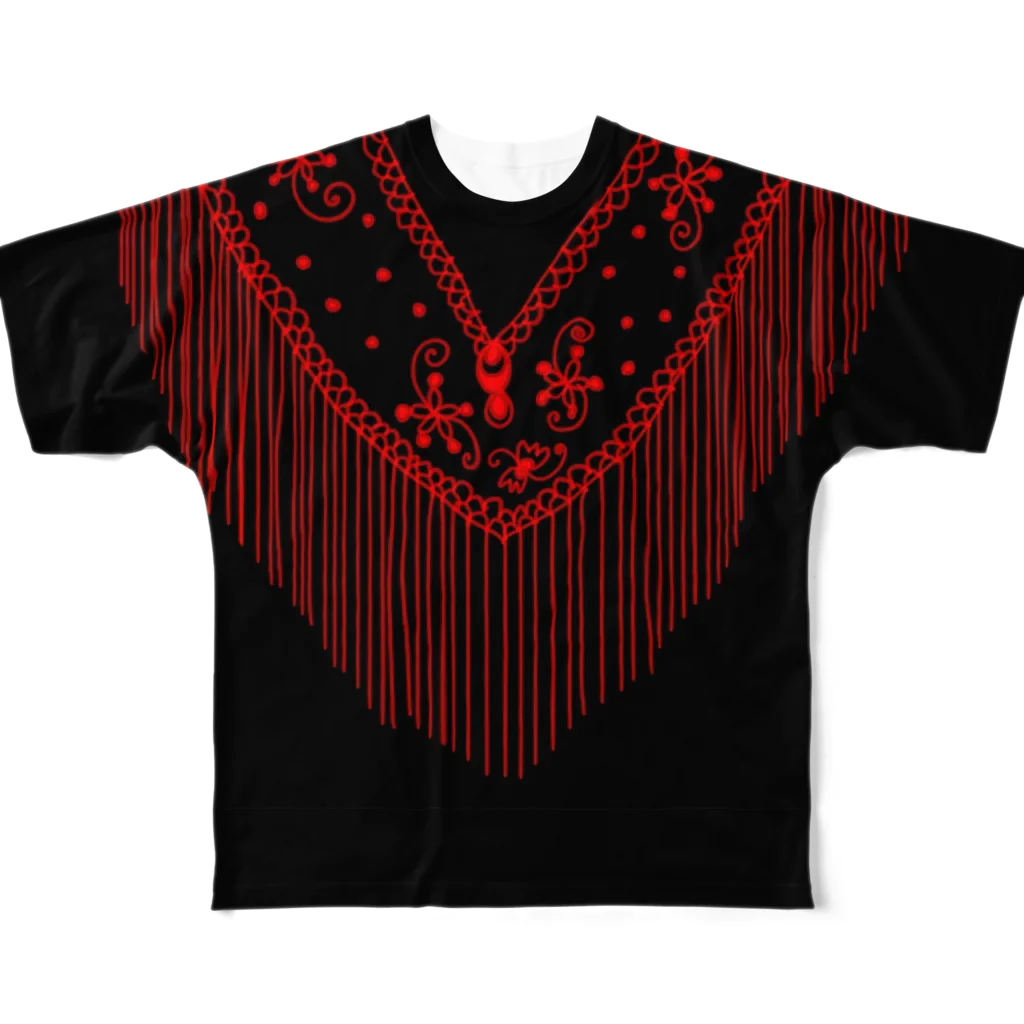 Flamenco Verano Tiendaのフラメンコ　ベラーノ　黒赤シージョ All-Over Print T-Shirt