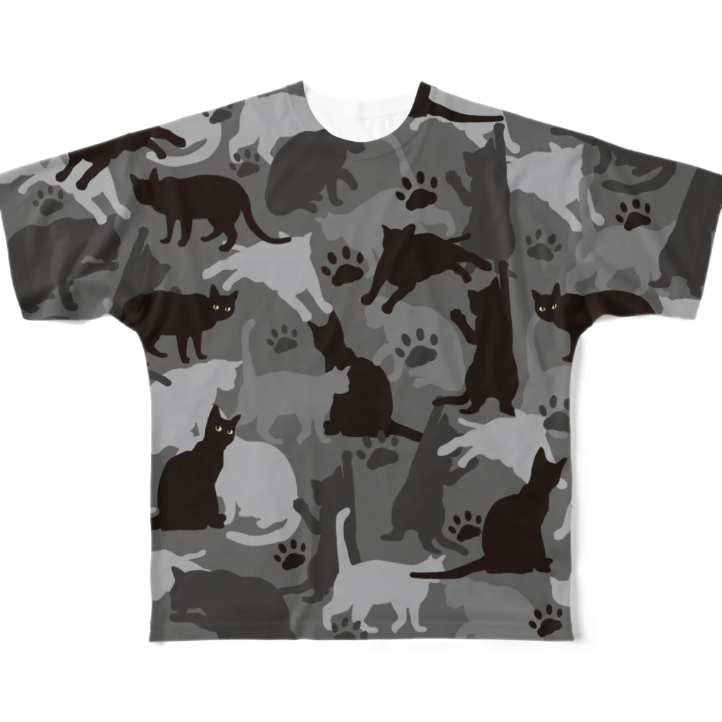 猫とやっし～ぃのアレコレの猫の迷彩（グレー） All-Over Print T-Shirt