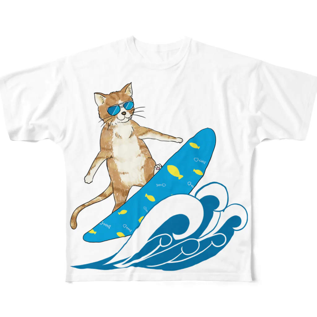 水色気分の猫のサーフィン All-Over Print T-Shirt