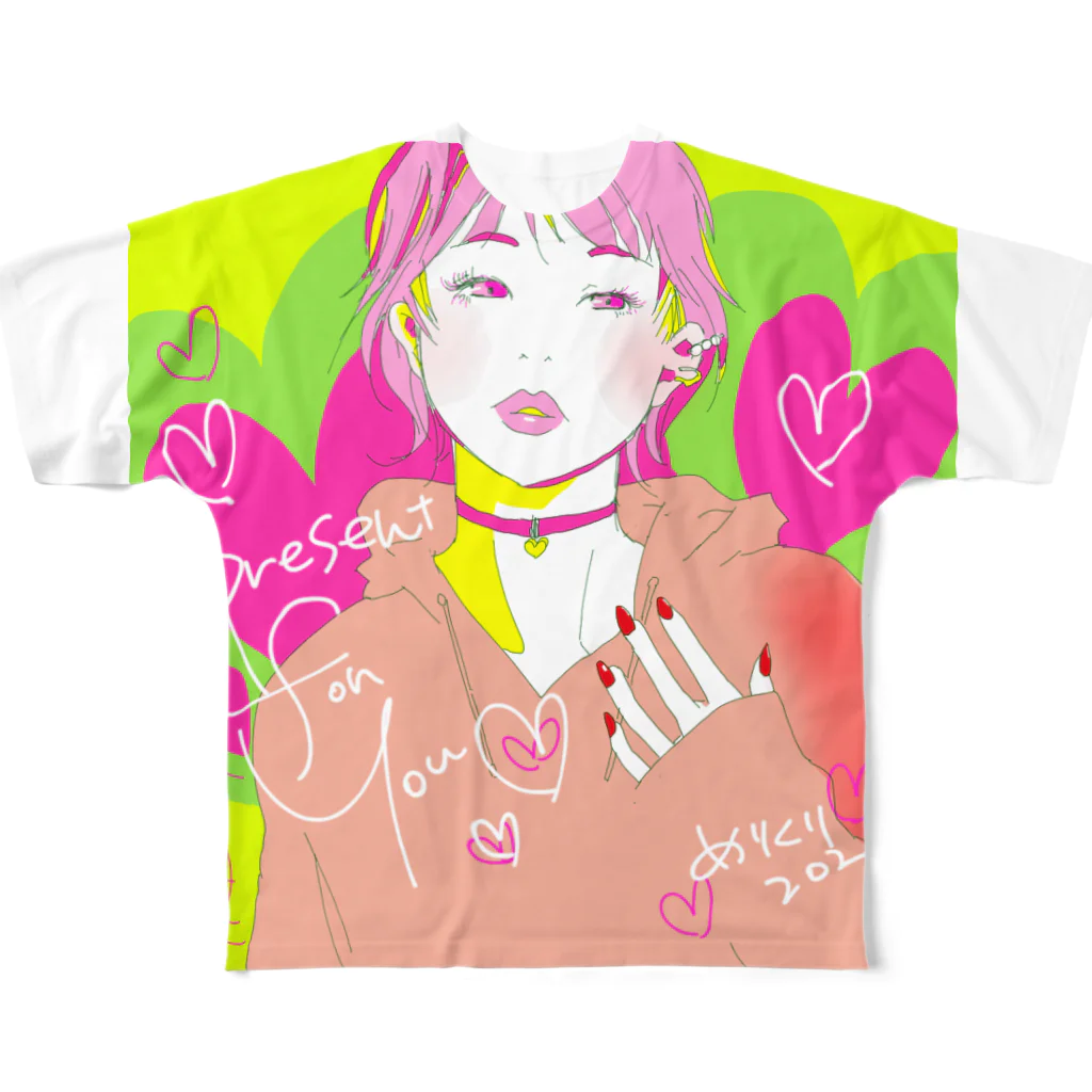 HARUKA カラフル イラスト 女の子 Tシャツのショートカット＆ハートgirl フルグラフィックTシャツ