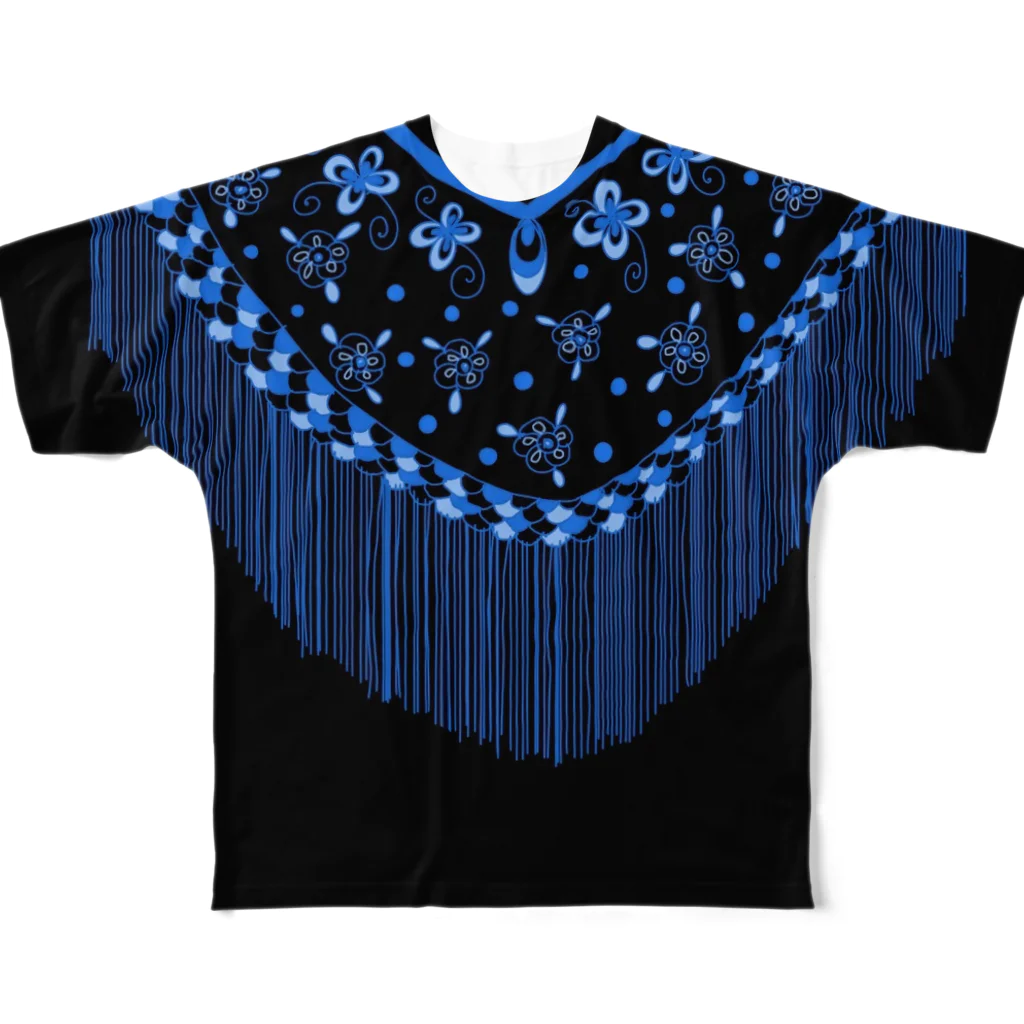 Flamenco Verano Tiendaのフラメンコ　ベラーノ　黒青シージョ柄 All-Over Print T-Shirt