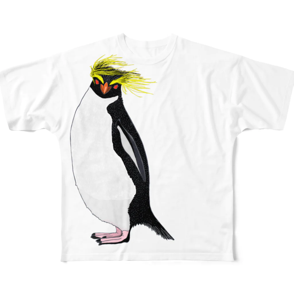 LalaHangeulの　風に吹かれるイワトビペンギンさん(文字無しバージョン フルグラフィックTシャツ