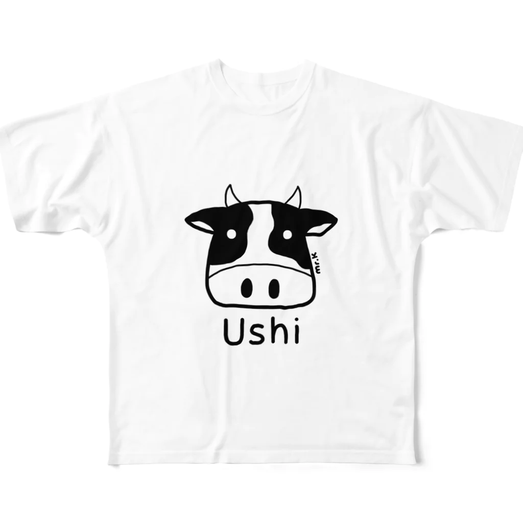 MrKShirtsのUshi (牛) 黒デザイン フルグラフィックTシャツ