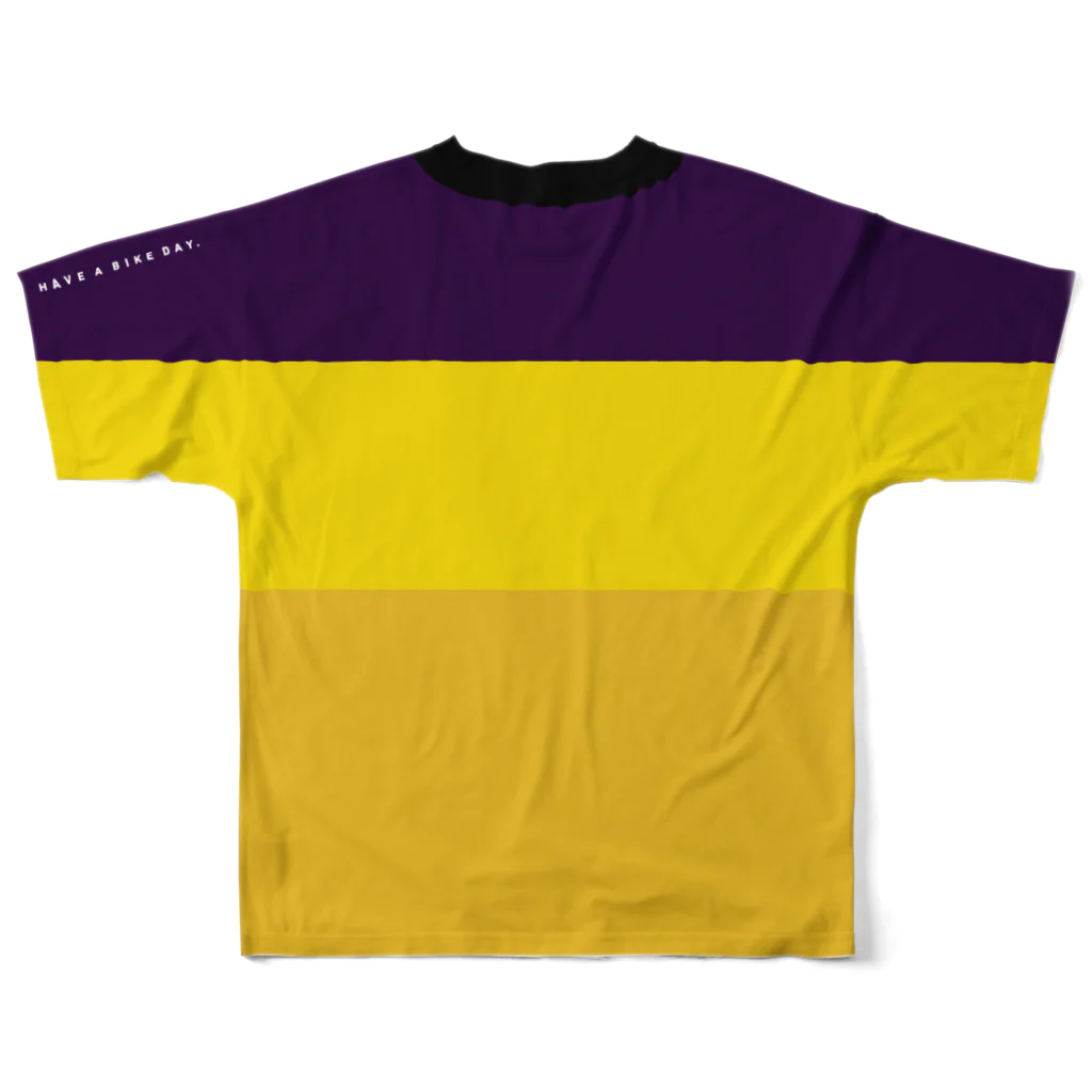 HAVE A BIKE DAY. ＠ SUZURIのHABDmoto(purple/yellow) All-Over Print T-Shirt :back