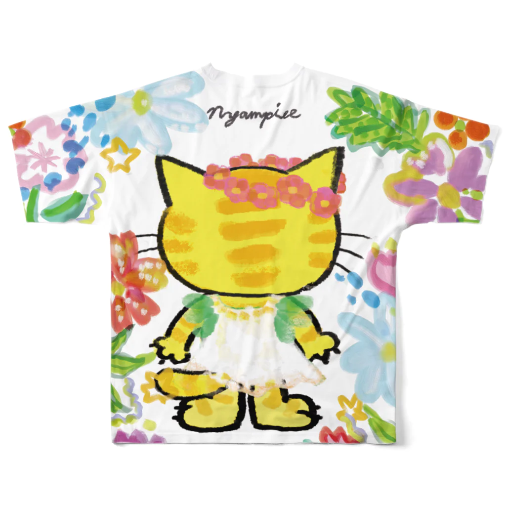 にゃんぴーのお花のうるにゃん（ぜんしん） All-Over Print T-Shirt :back