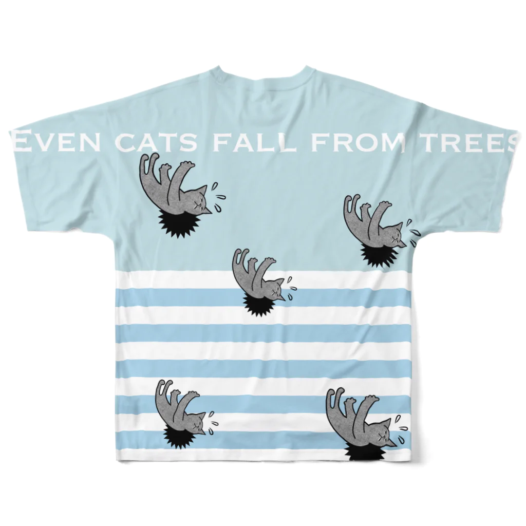 KURONEKO SHOTEN,の猫も木から落ちる（から気にすんな！）・5匹 All-Over Print T-Shirt :back