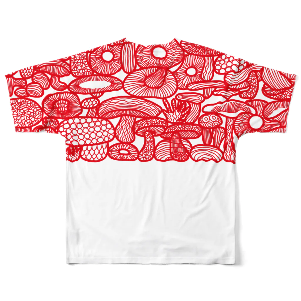 LOVE MUSHROOMの赤い線描きマッシュ All-Over Print T-Shirt :back