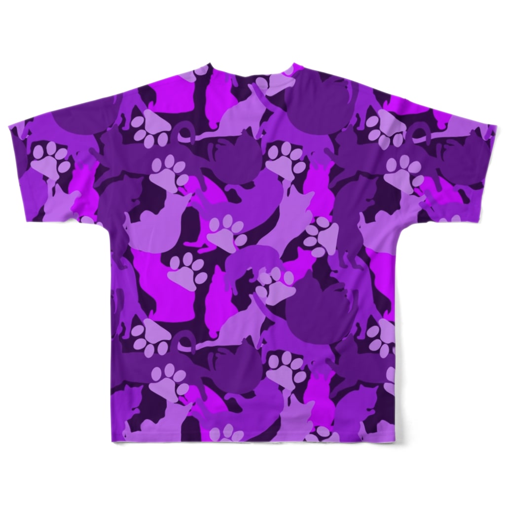保護猫支援ショップ・パール女将のお宿のNYANKO 迷彩　カモフラ　パープル All-Over Print T-Shirt :back