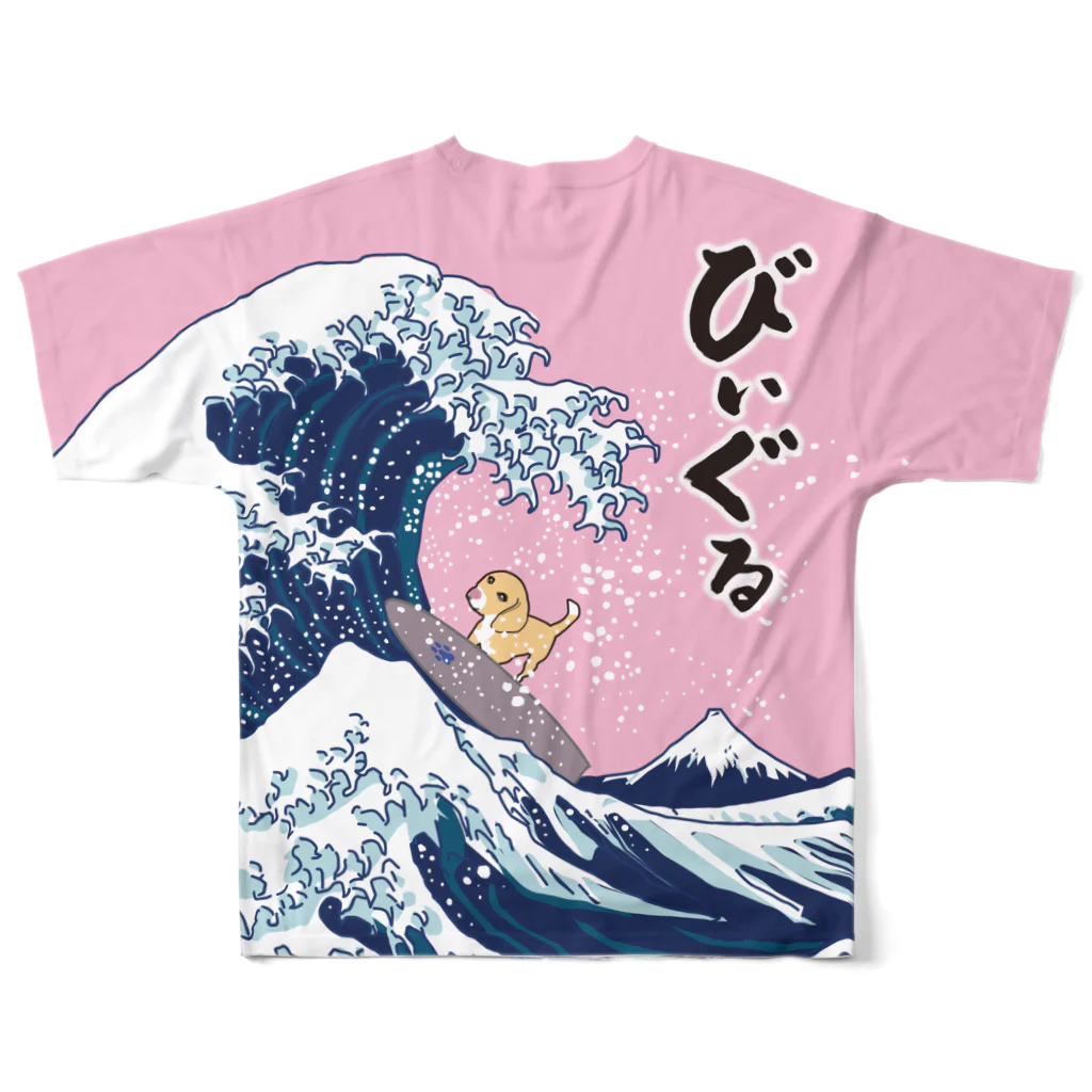 イラストカフェ（ビーグル）の浮世絵サーフィンびぃぐる★レモン All-Over Print T-Shirt :back