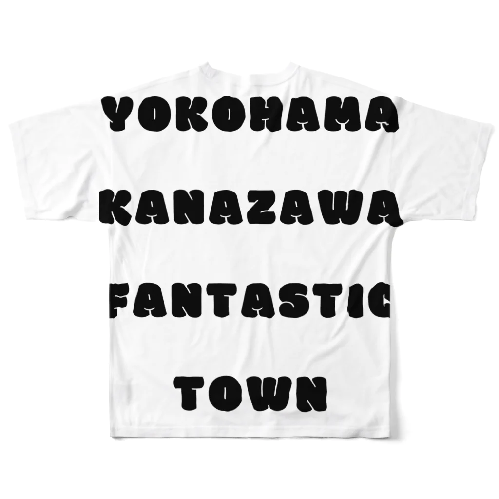 横浜市金沢区の地域活動家　ツンのYOKOHAMA KANAZAWA FANTASTIC TOWN（白） フルグラフィックTシャツの背面