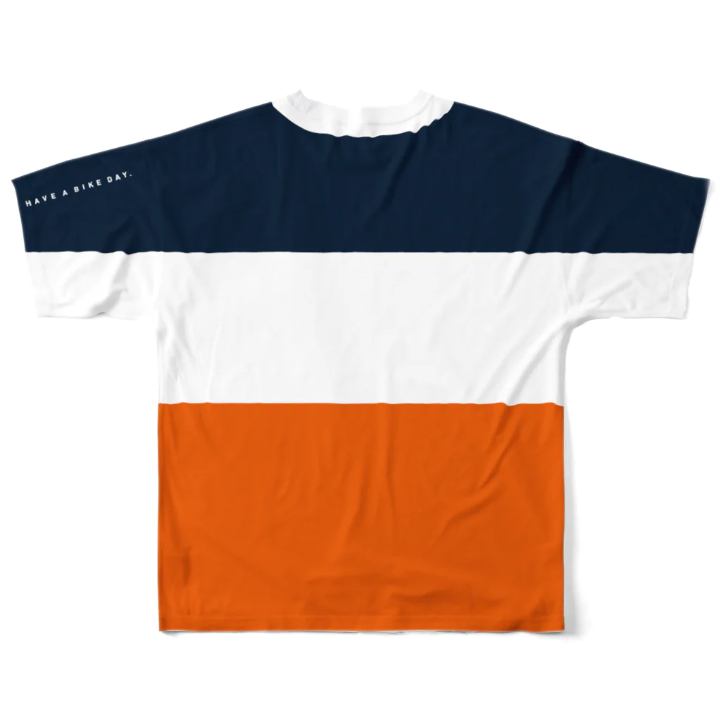 HAVE A BIKE DAY. ＠ SUZURIのHABDmoto(Navy/Orange) All-Over Print T-Shirt :back