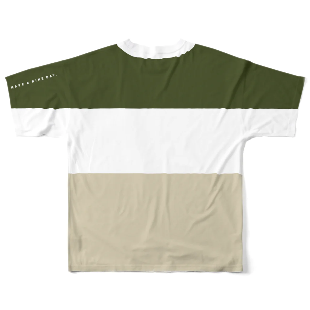 HAVE A BIKE DAY. ＠ SUZURIのHABDmoto(olive/beige) All-Over Print T-Shirt :back