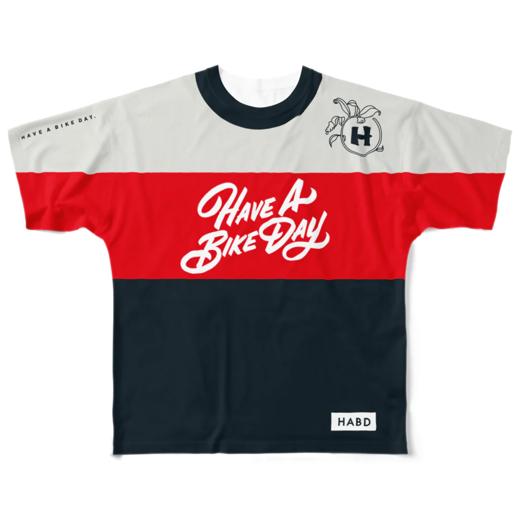 HAVE A BIKE DAY. ＠ SUZURIのHABDmoto(red/navy) All-Over Print T-Shirt