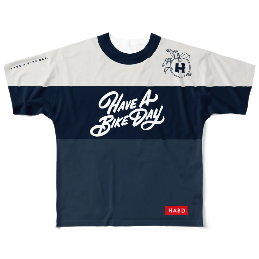 HAVE A BIKE DAY. ＠ SUZURIのHABDmoto(navy) All-Over Print T-Shirt