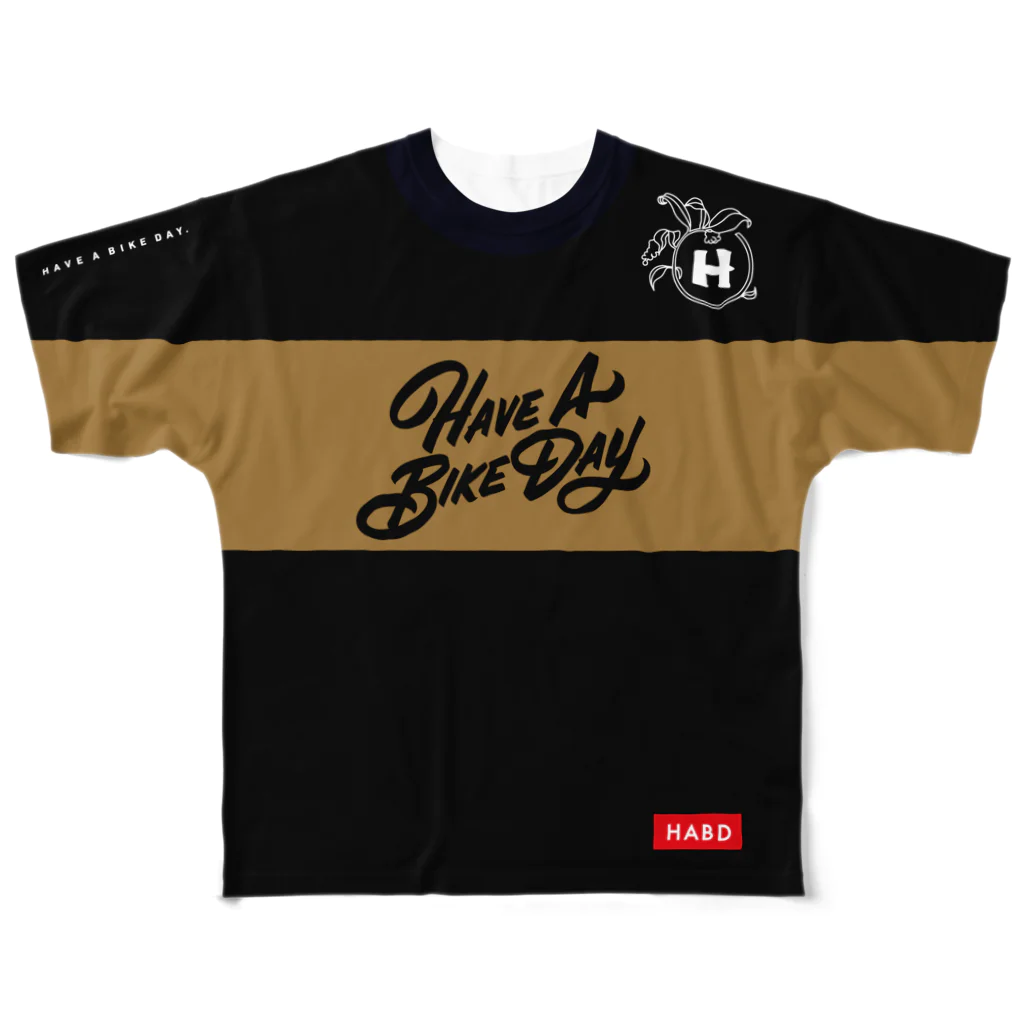 HAVE A BIKE DAY. ＠ SUZURIのHABDmoto(black/camel) All-Over Print T-Shirt