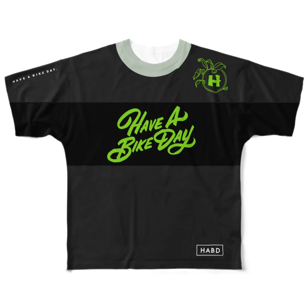 HAVE A BIKE DAY. ＠ SUZURIのHABDmoto(black/green) All-Over Print T-Shirt